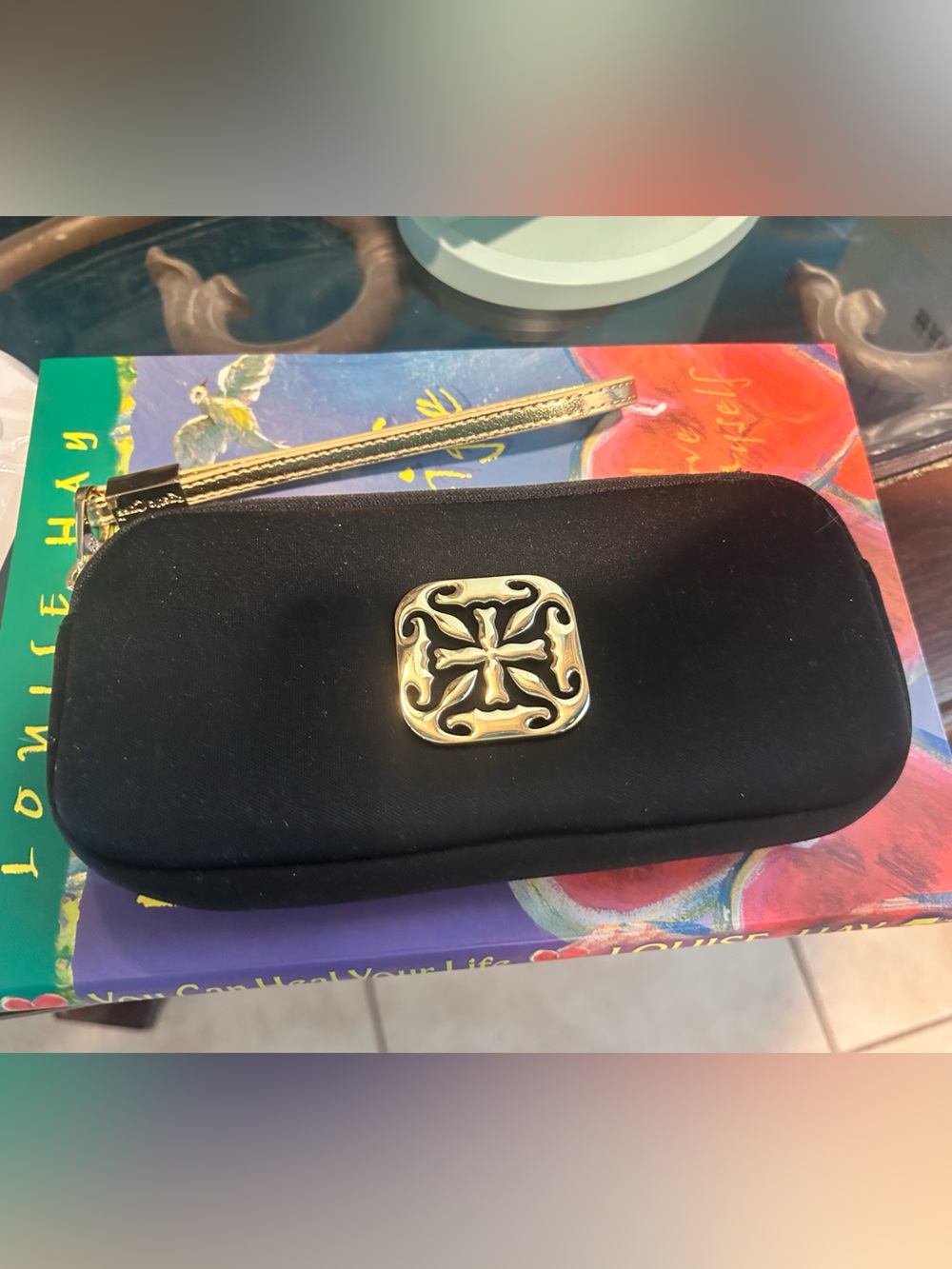 Rustic Cuff Black Wristlet Clutch with Gold Medallion